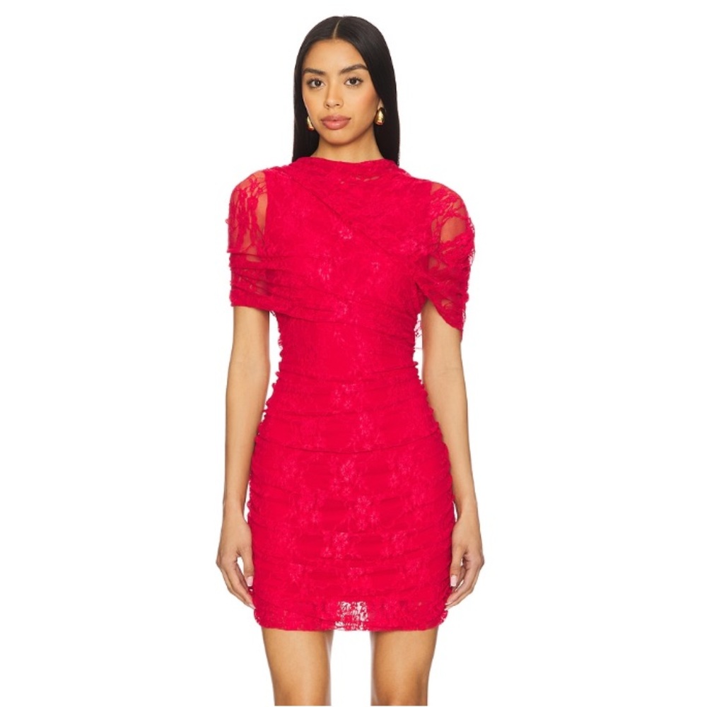 Amanda Uprichard Evianna Dress Lace Drape Shoulder in Red Revolve size large NEW
